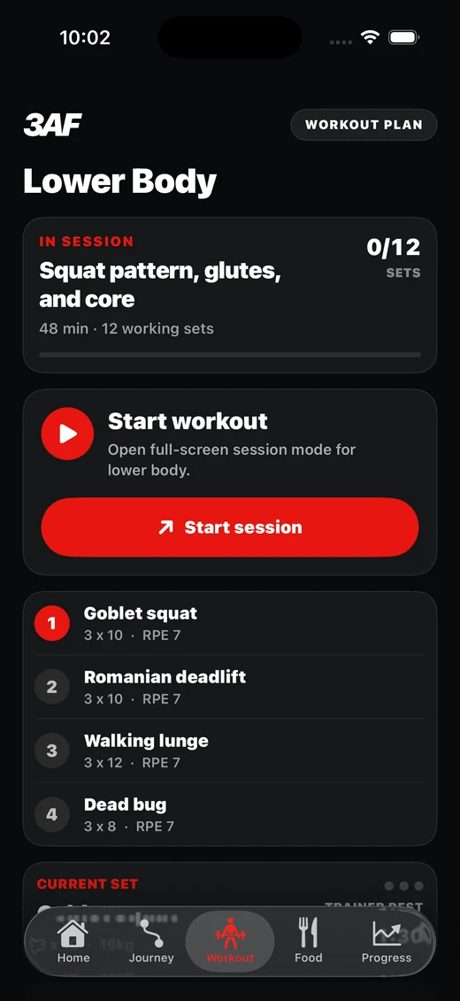 3AF Workout screen showing Focus Mode and set logging